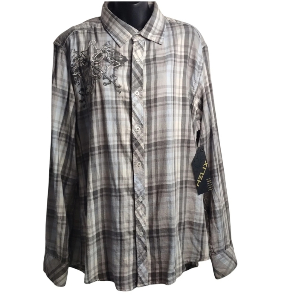 Helix Mens Gray Plaid Embroidered Button Down Long Sleeve Shirt Sz X-large NWT